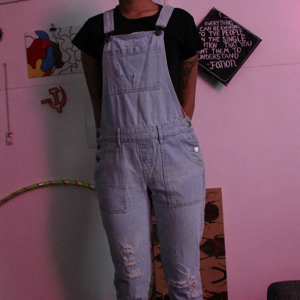 light denim distressed/ripped overalls